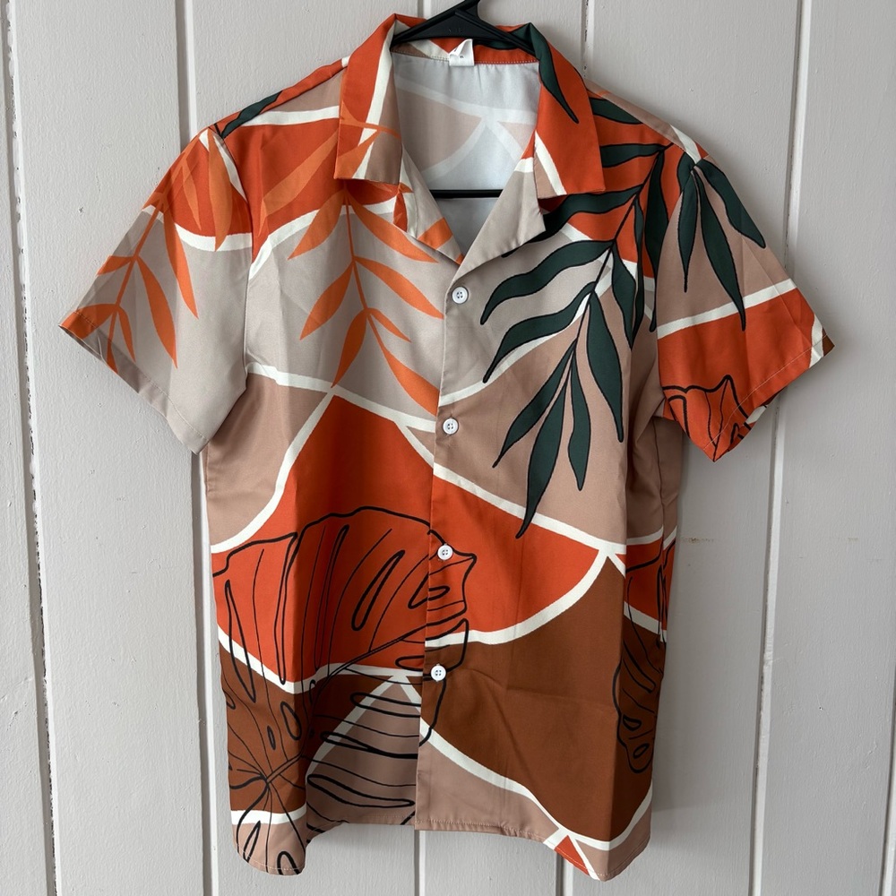 SHEIN Botanical Paradise Button Down Shirt in Orange and Green